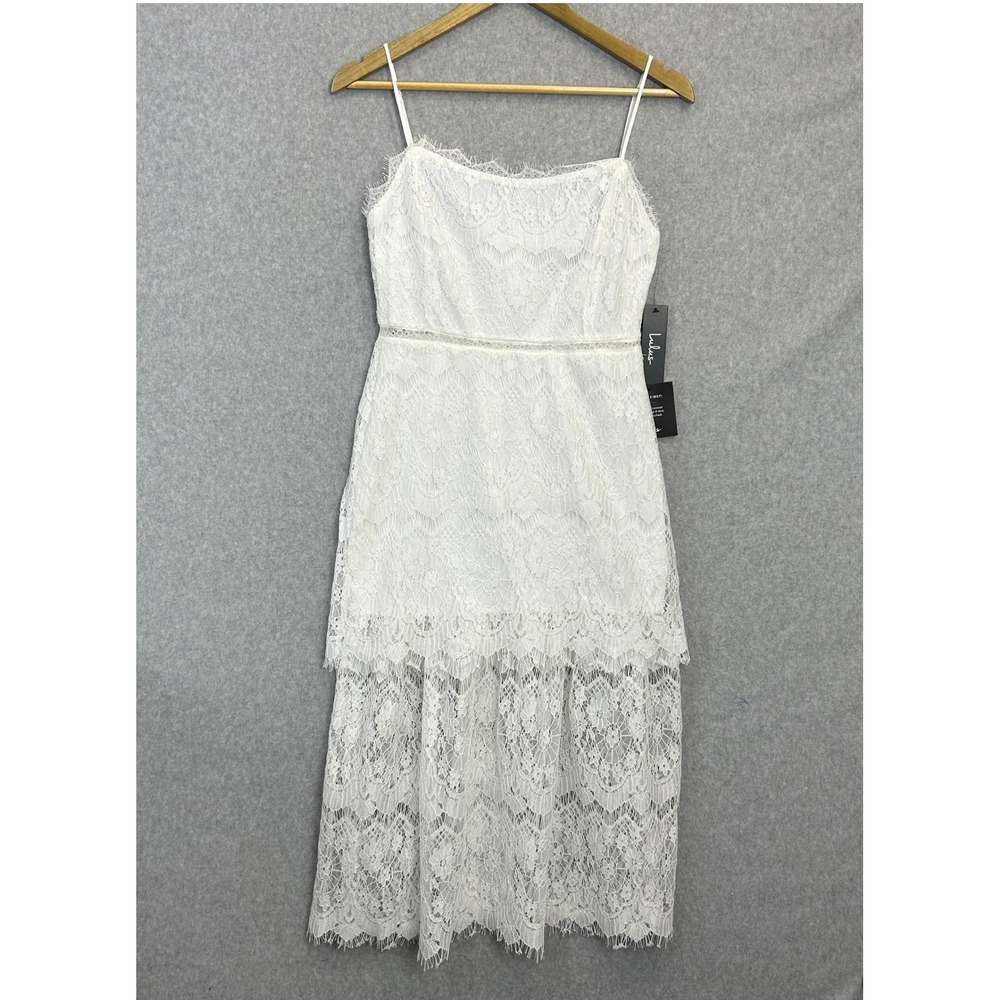 Lulus Small Wagner White Lace Midi Dress Tiered Eyelash Trim Wedding Bridal NWT